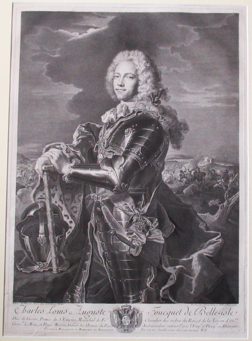 Antique engraved print, Wille/Rigaud, Duke of Belle-Isle 1743 , period frame