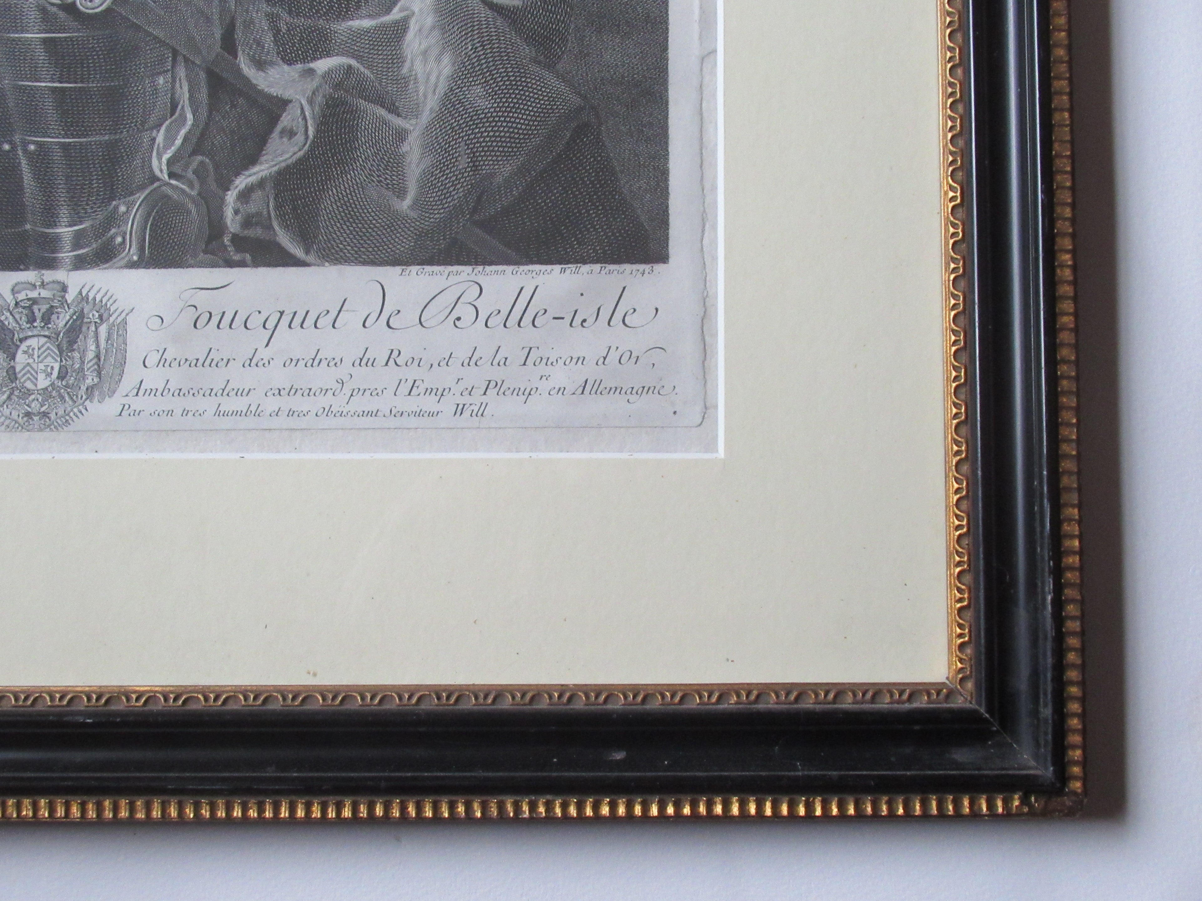 Antique engraved print, Wille/Rigaud, Duke of Belle-Isle 1743 , period frame