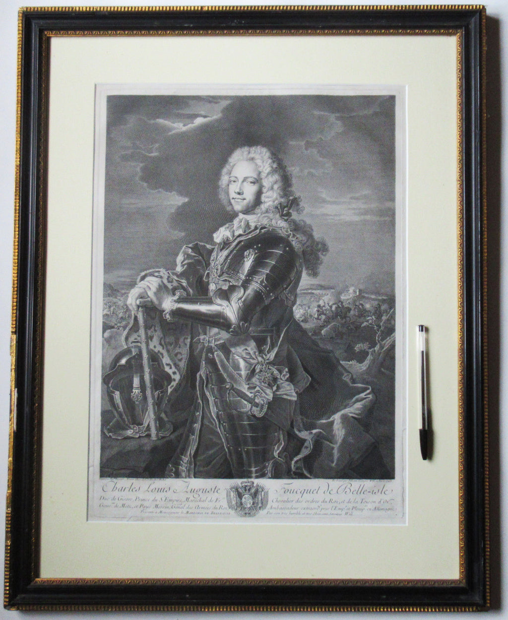 Antique engraved print, Wille/Rigaud, Duke of Belle-Isle 1743 , period frame