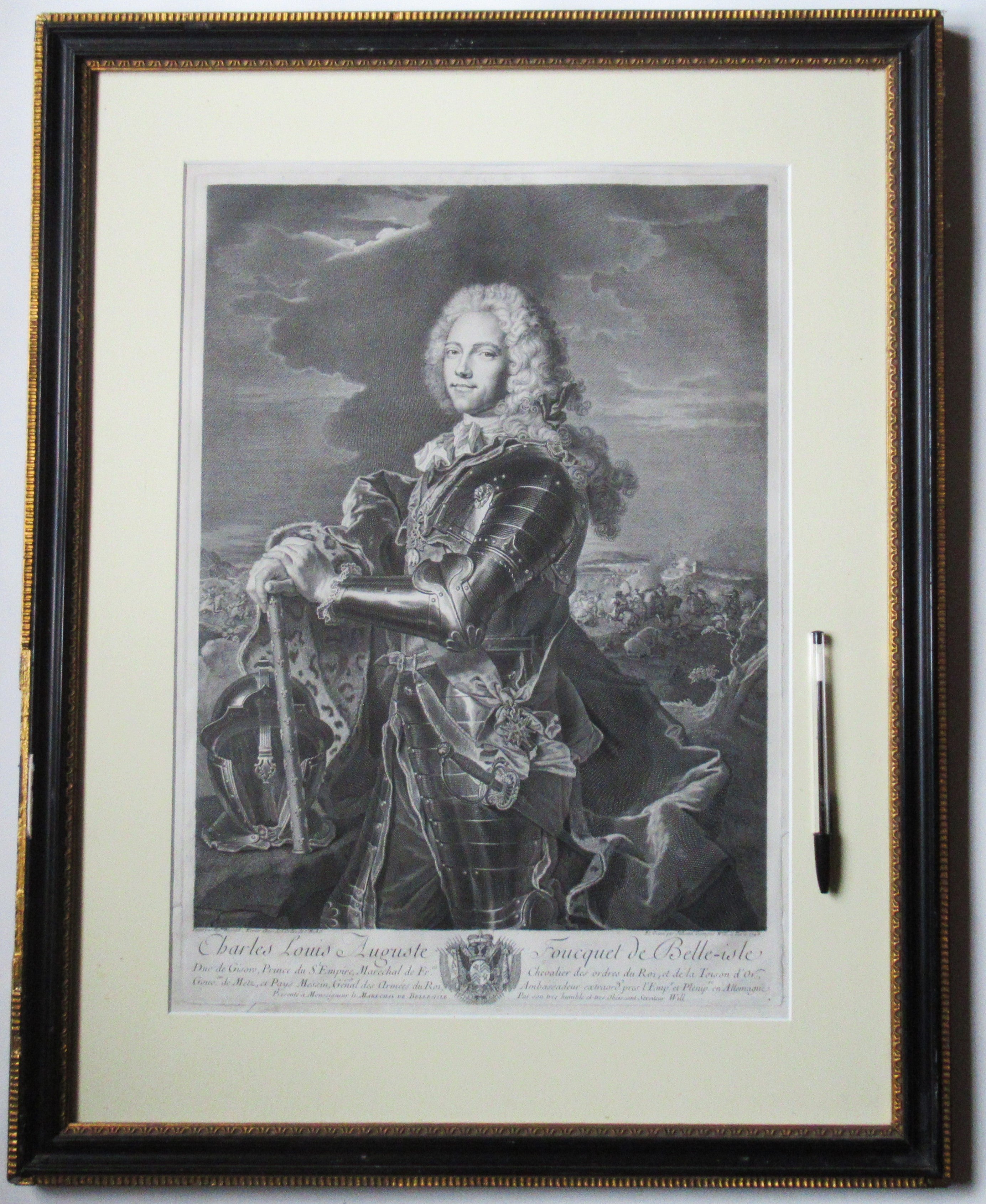 Antique engraved print, Wille/Rigaud, Duke of Belle-Isle 1743 , period frame