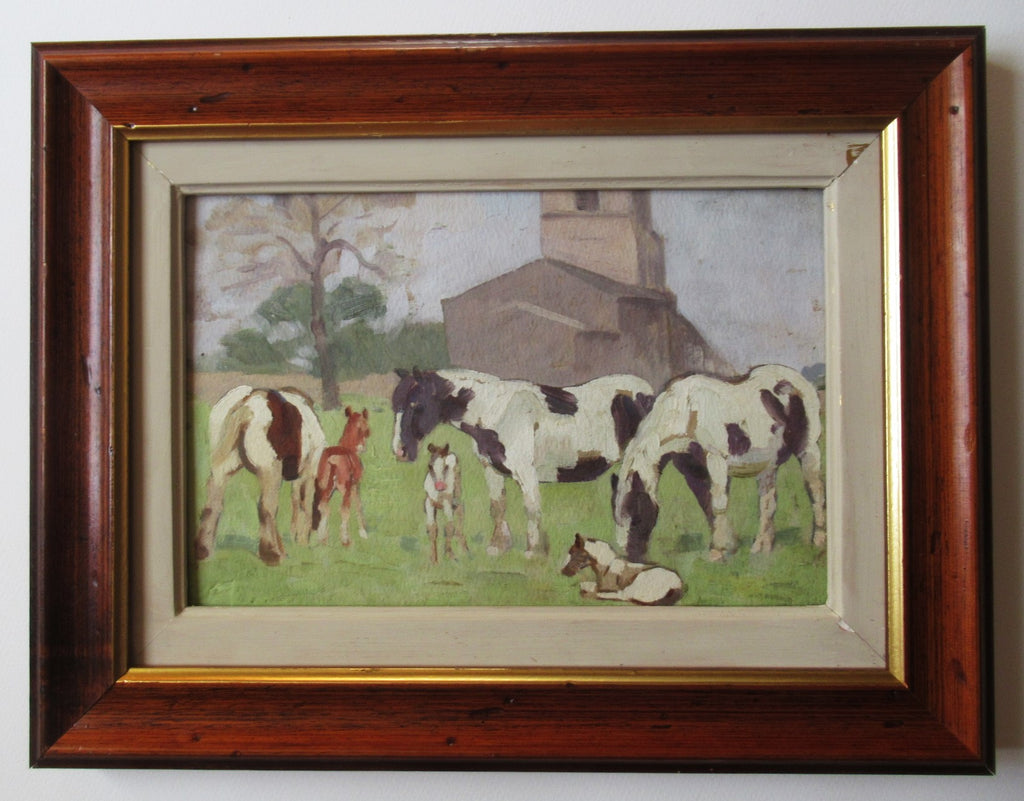 Winifred Wilson, Study of horses by Derbyshire Church, oil on board, c1960
