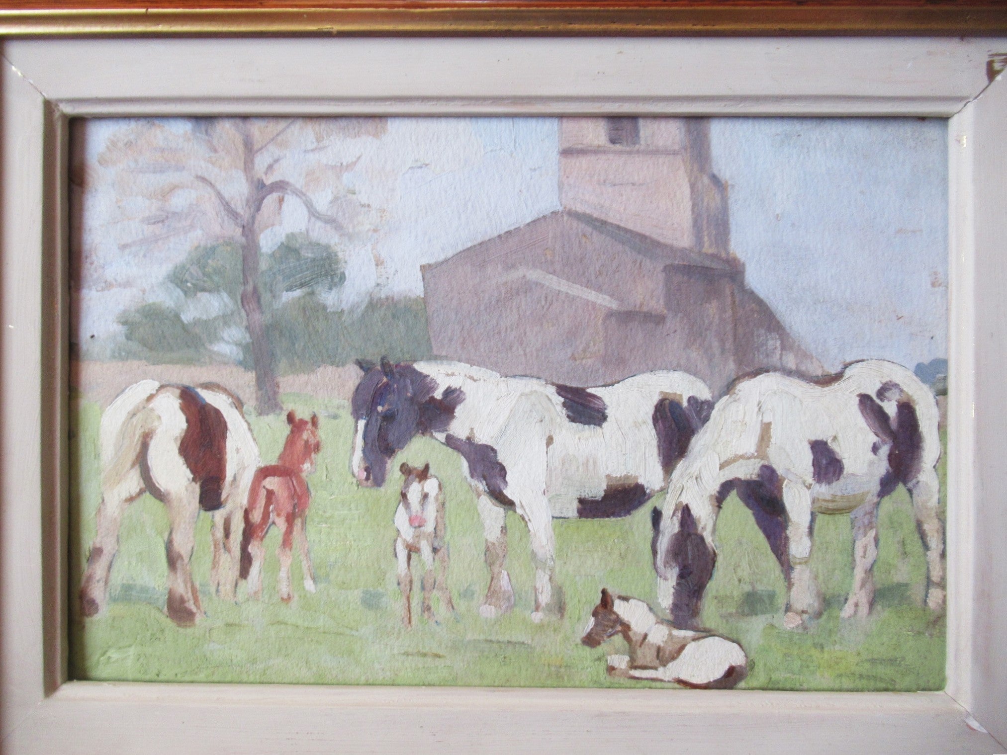 Winifred Wilson, Study of horses by Derbyshire Church, oil on board, c1960