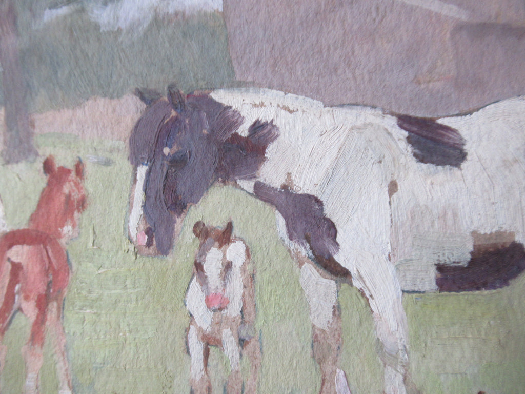 Winifred Wilson, Study of horses by Derbyshire Church, oil on board, c1960