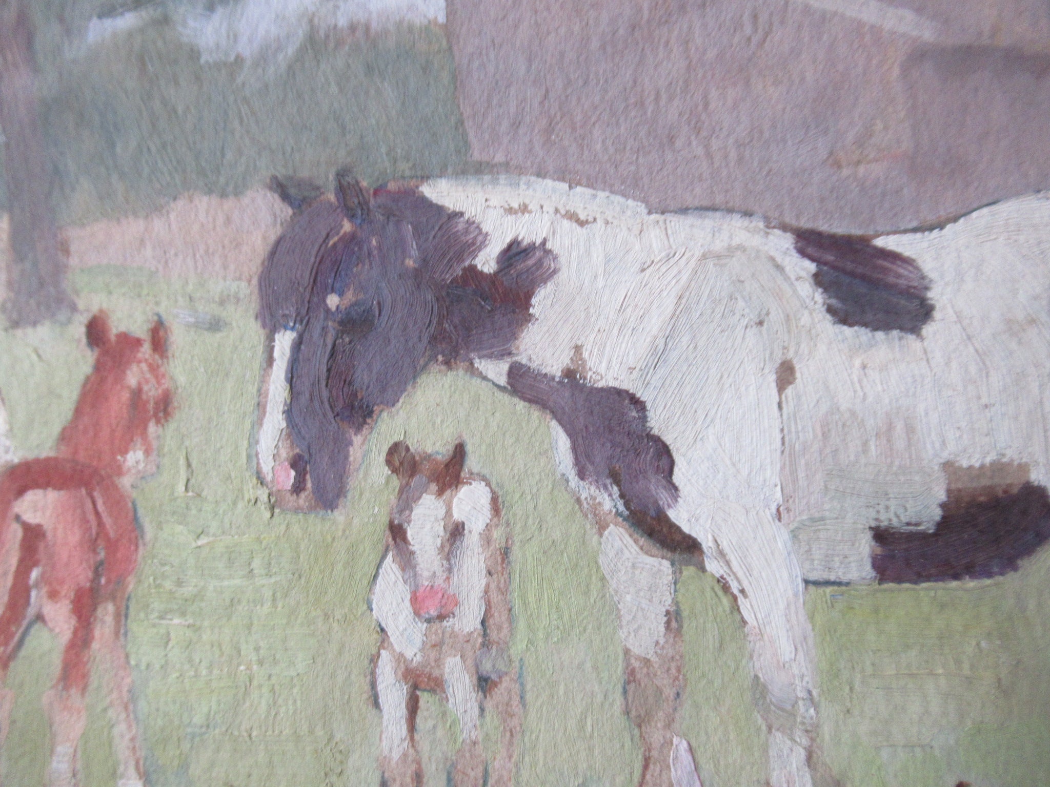 Winifred Wilson, Study of horses by Derbyshire Church, oil on board, c1960