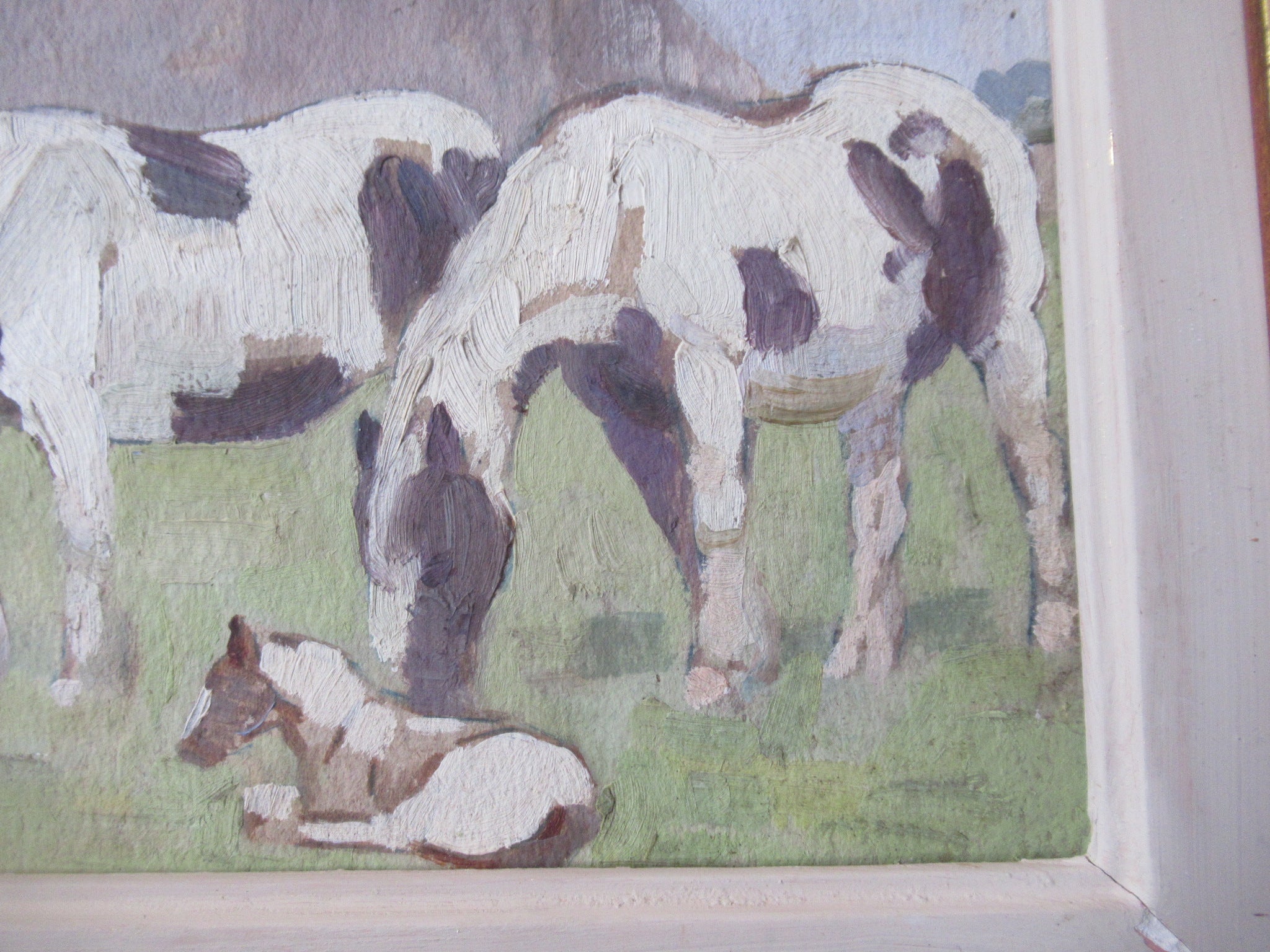 Winifred Wilson, Study of horses by Derbyshire Church, oil on board, c1960