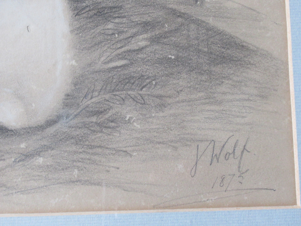Joseph Wolf, rare original drawing of three rabbits, signed & dated 1875 framed