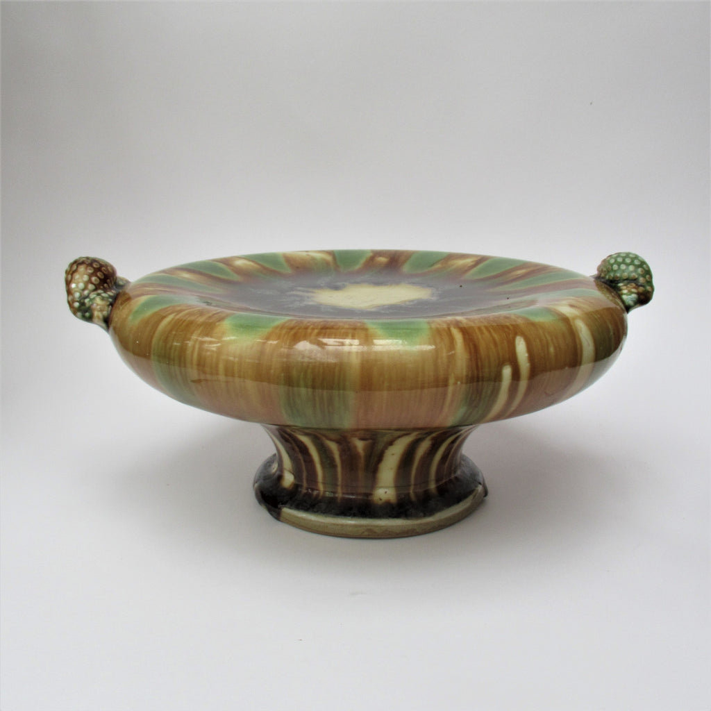 Takeshi Yasuda, oxidised stoneware studio pottery tall pillow dish, Sansai, 1993
