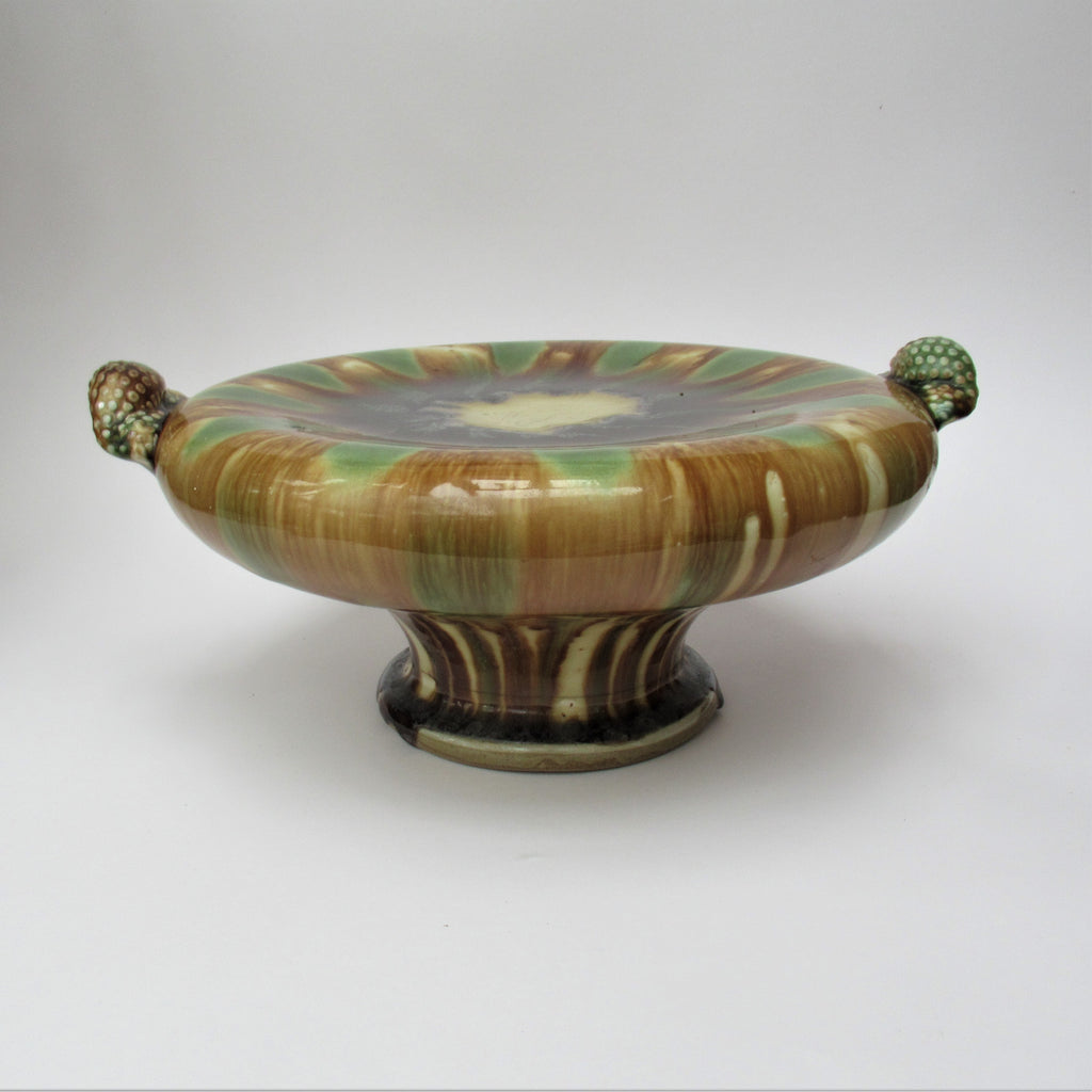 Takeshi Yasuda, oxidised stoneware studio pottery tall pillow dish, Sansai, 1993