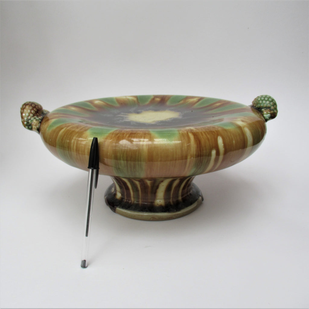 Takeshi Yasuda, oxidised stoneware studio pottery tall pillow dish, Sansai, 1993