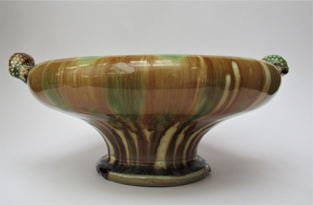 Takeshi Yasuda, oxidised stoneware studio pottery tall pillow dish, Sansai, 1993