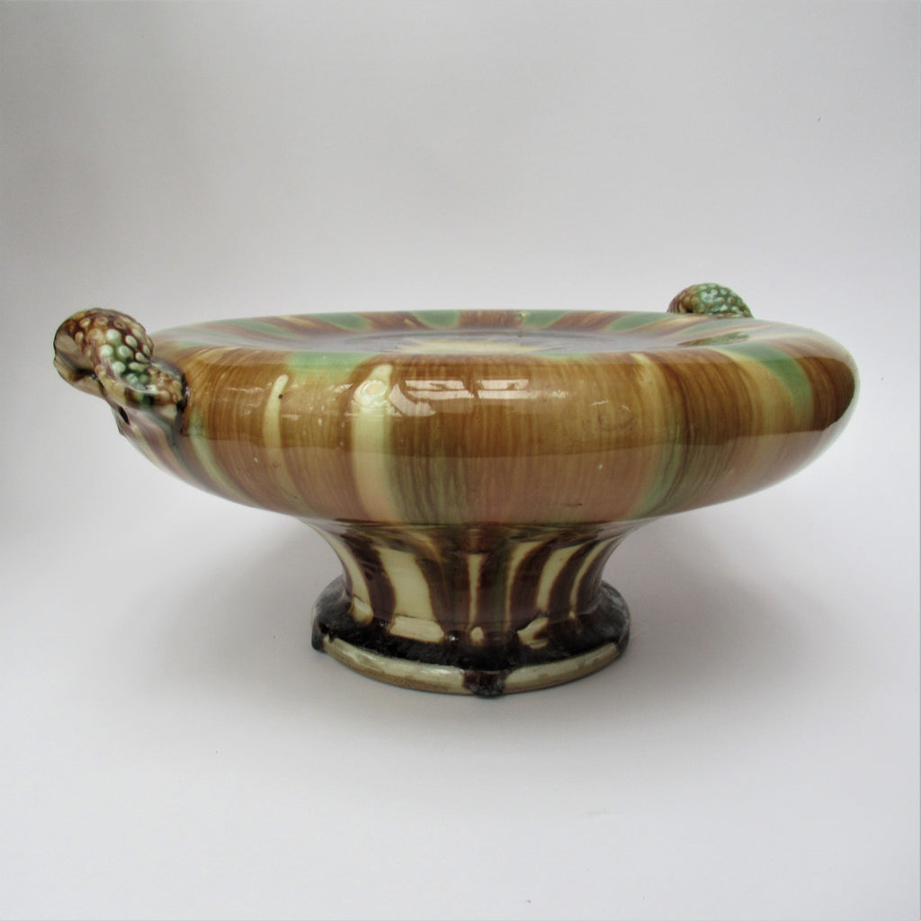 Takeshi Yasuda, oxidised stoneware studio pottery tall pillow dish, Sansai, 1993