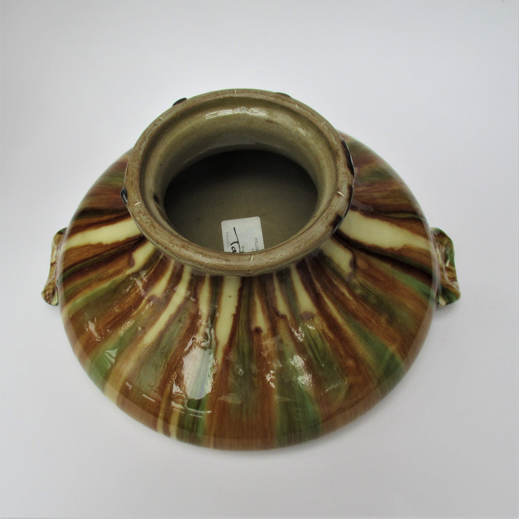 Takeshi Yasuda, oxidised stoneware studio pottery tall pillow dish, Sansai, 1993